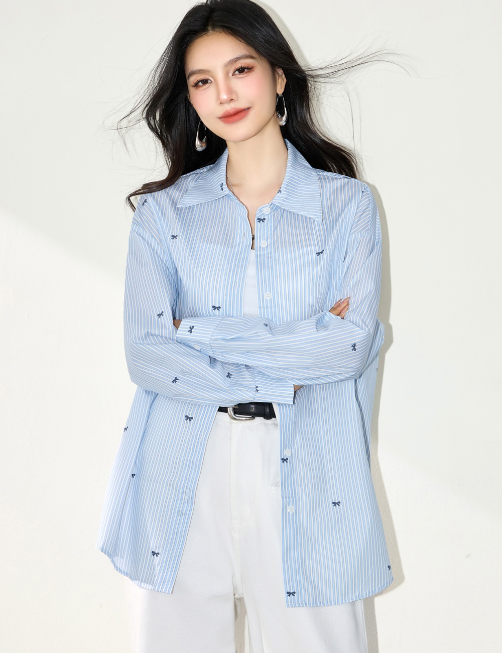 Loose stripe bow shirt blue lapel sunscreen cardigan for women