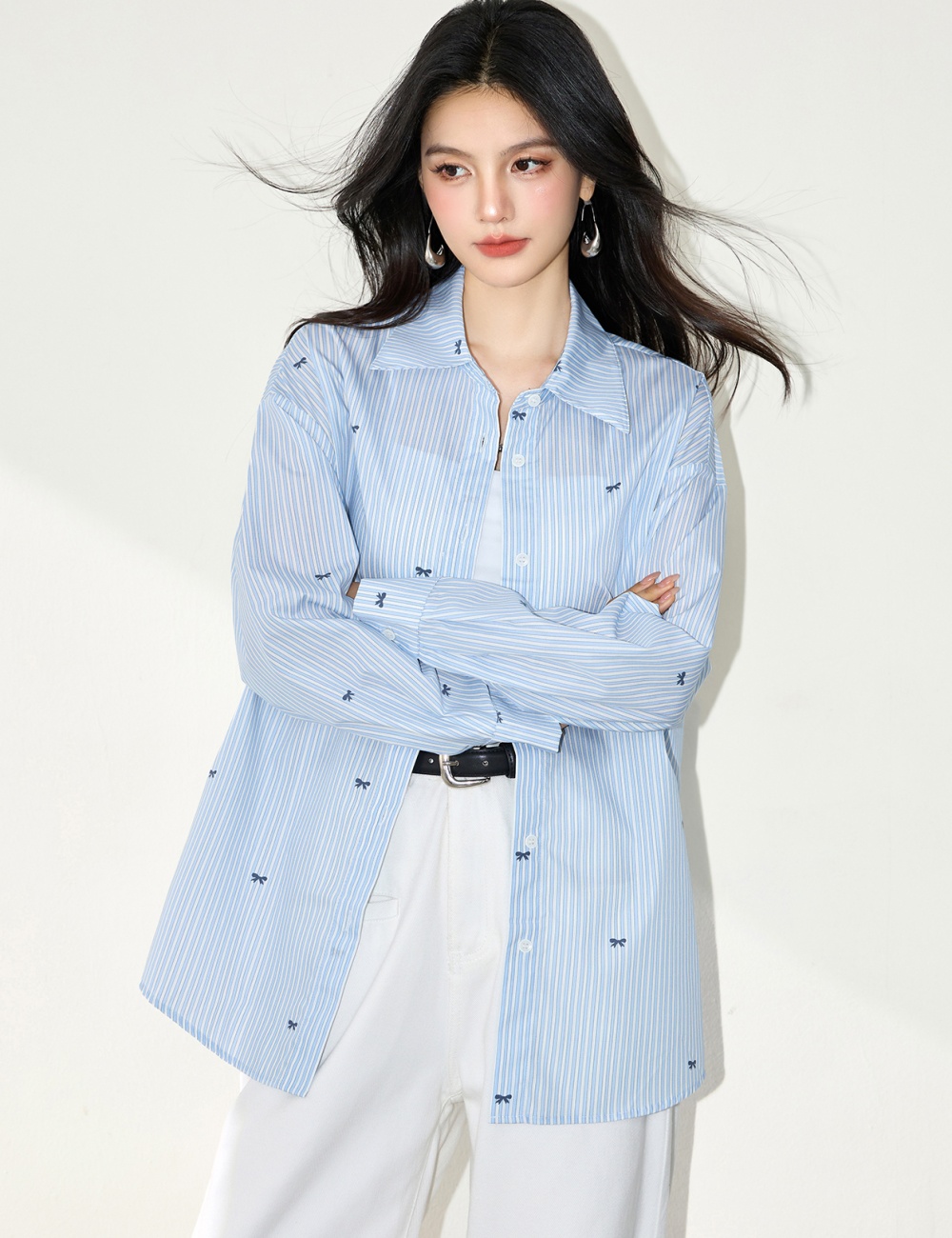 Loose stripe bow shirt blue lapel sunscreen cardigan for women