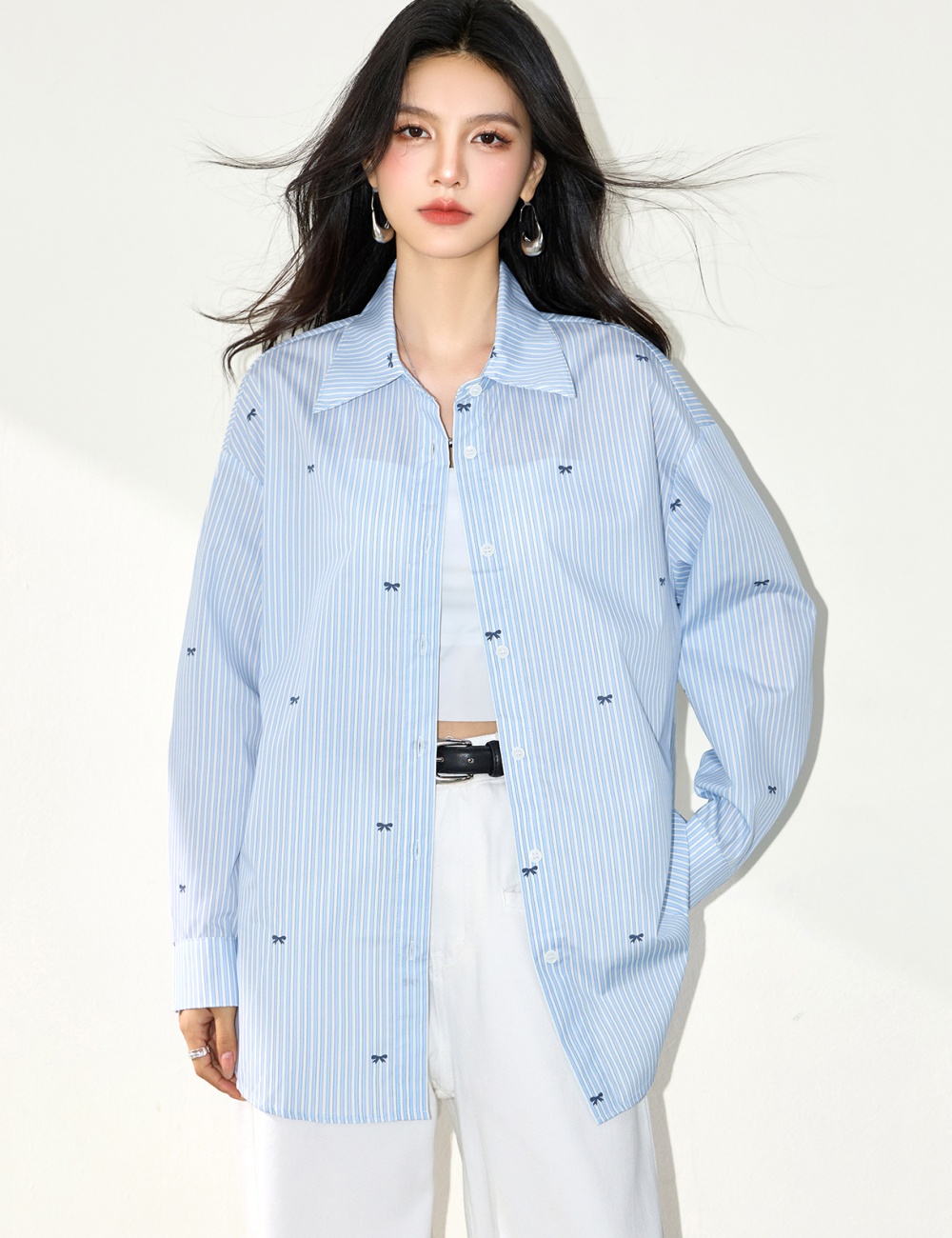 Loose stripe bow shirt blue lapel sunscreen cardigan for women