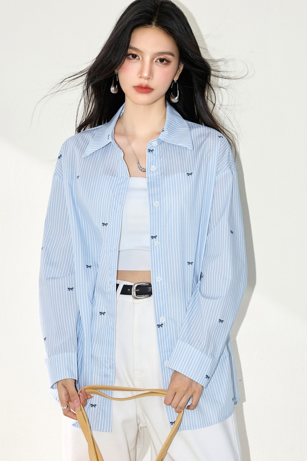 Loose stripe bow shirt blue lapel sunscreen cardigan for women
