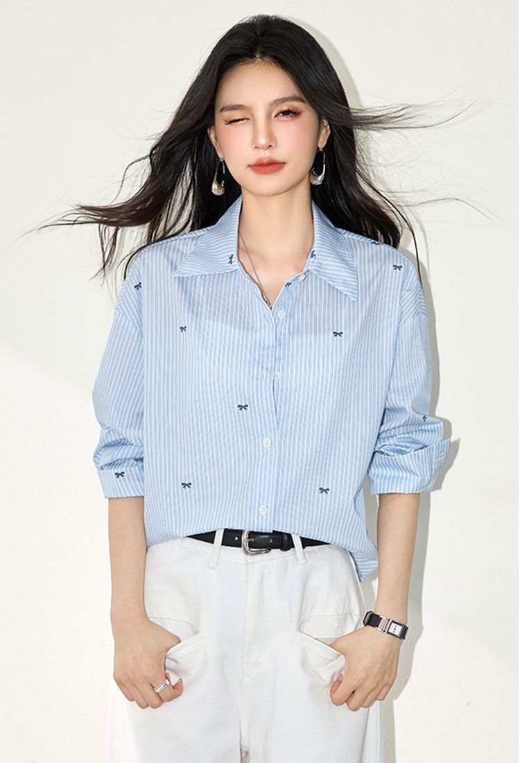 Loose stripe bow shirt blue lapel sunscreen cardigan for women