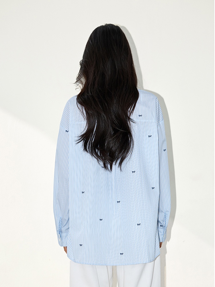 Loose stripe bow shirt blue lapel sunscreen cardigan for women