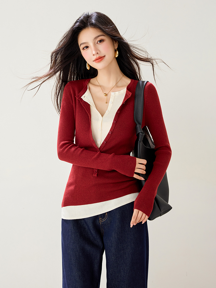 Long sleeve slim red sweater Pseudo-two V-neck tops