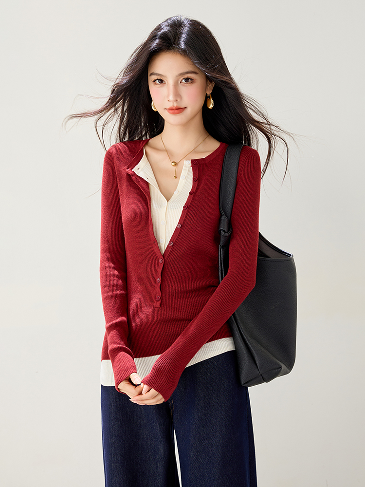 Long sleeve slim red sweater Pseudo-two V-neck tops