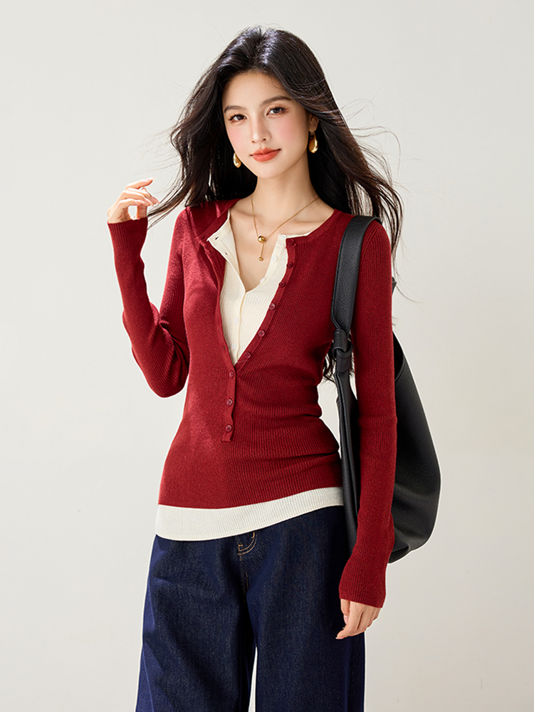 Long sleeve slim red sweater Pseudo-two V-neck tops