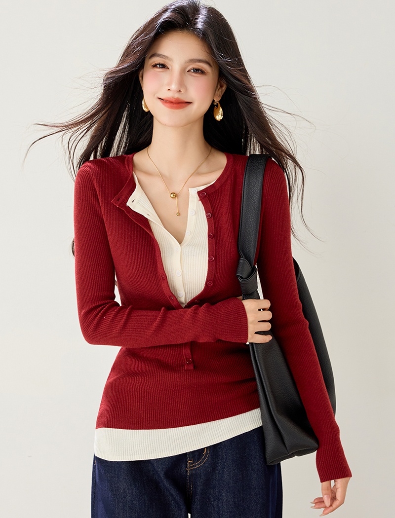 Long sleeve slim red sweater Pseudo-two V-neck tops