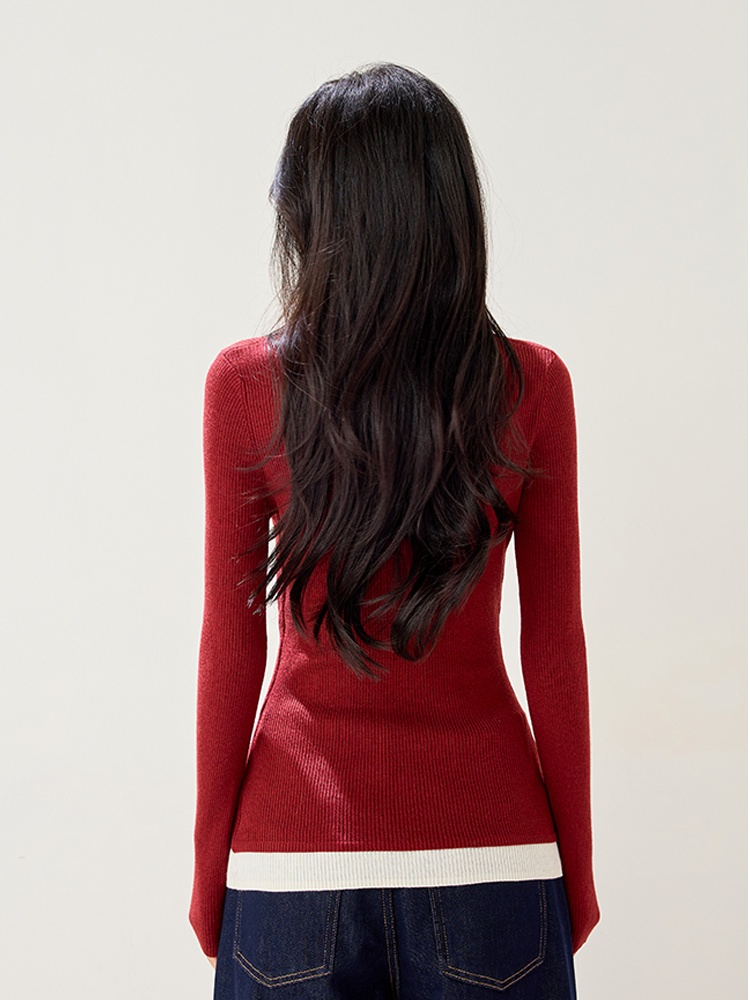 Long sleeve slim red sweater Pseudo-two V-neck tops