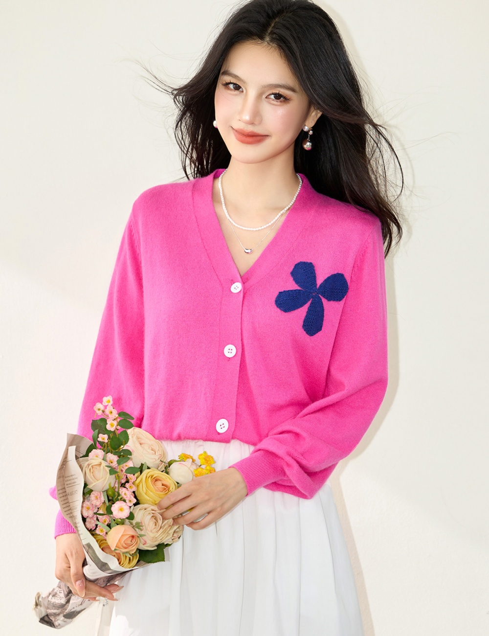V-neck pink sweater Western style fashion cardigan