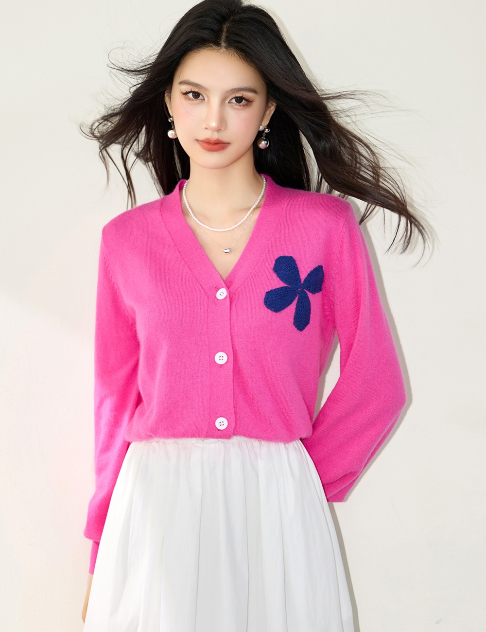 V-neck pink sweater Western style fashion cardigan