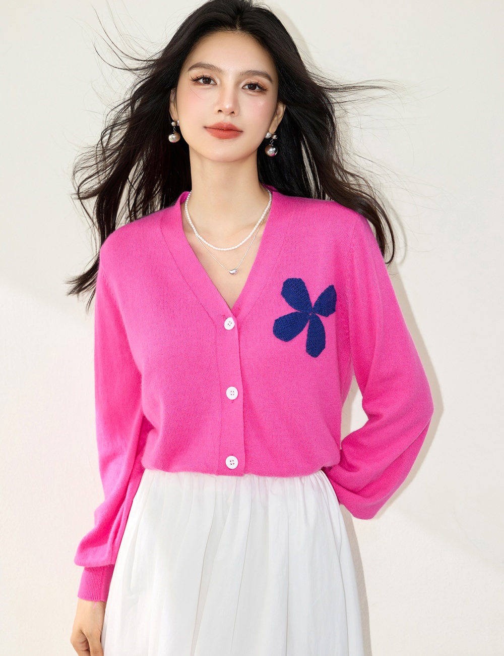 V-neck pink sweater Western style fashion cardigan