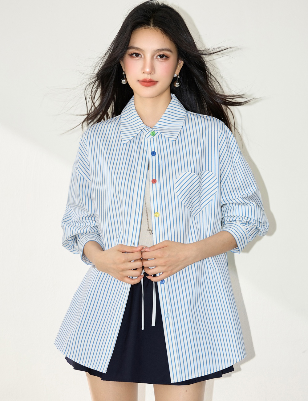 Loose autumn fashion shirt Korean style buckle slim tops