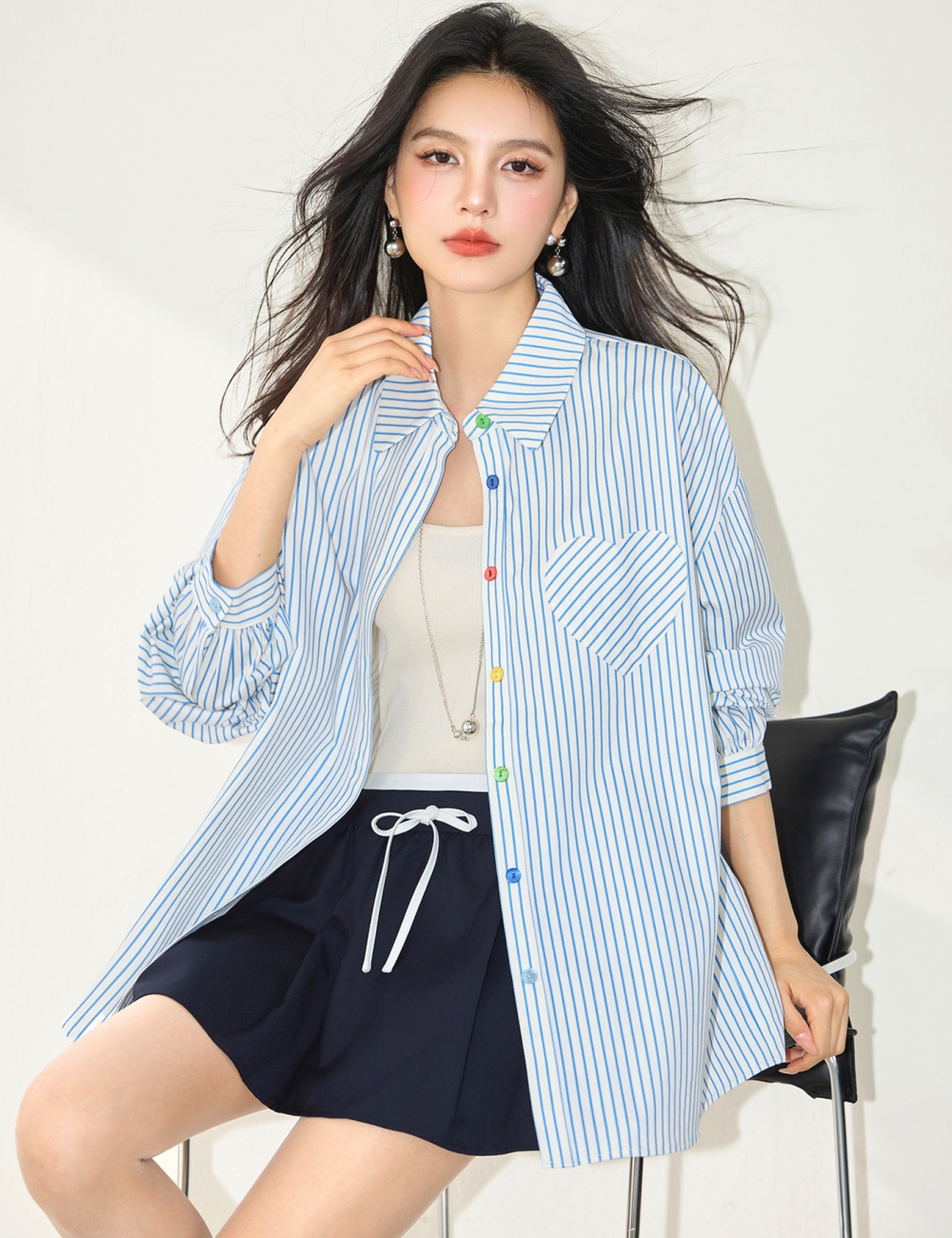 Loose autumn fashion shirt Korean style buckle slim tops