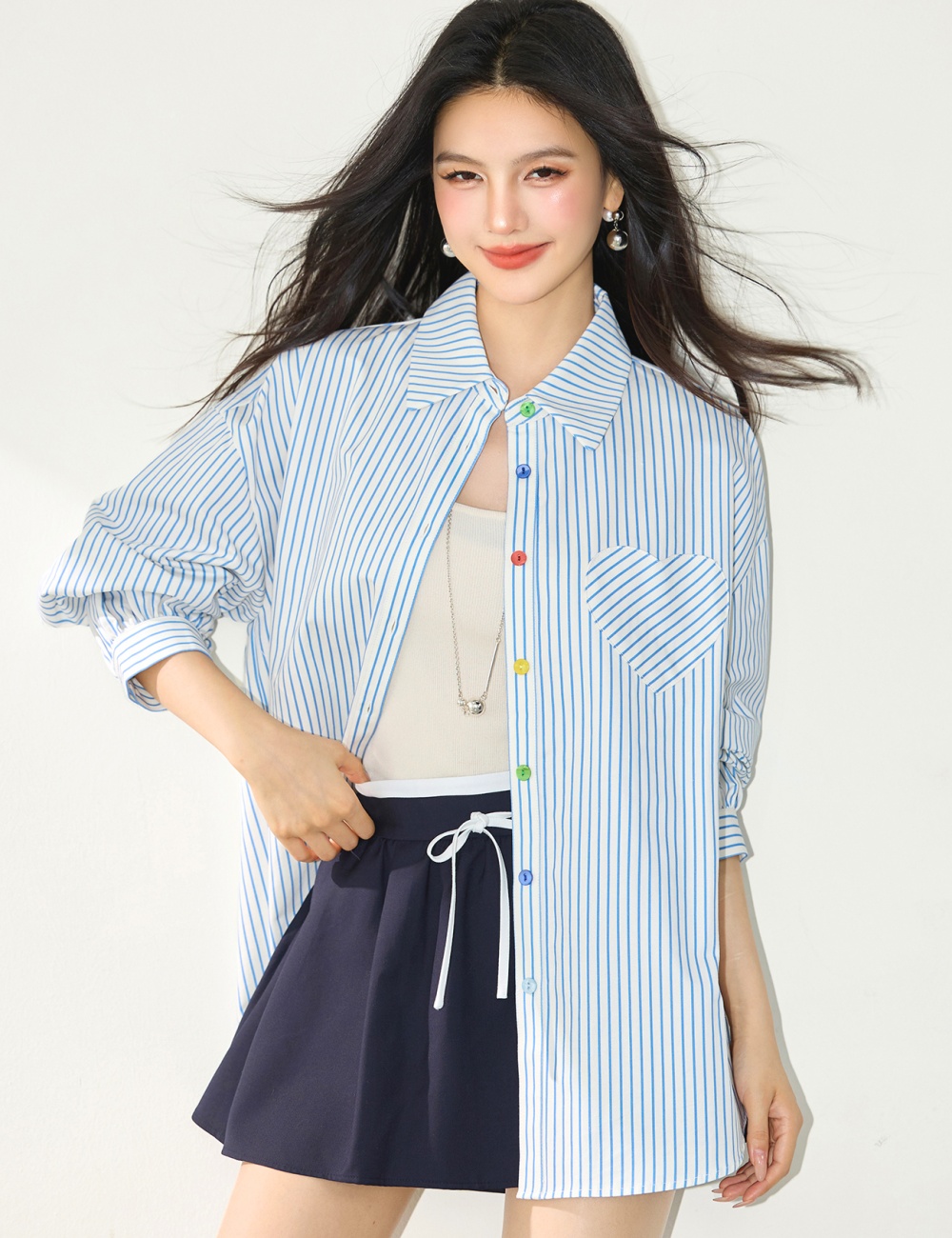 Loose autumn fashion shirt Korean style buckle slim tops