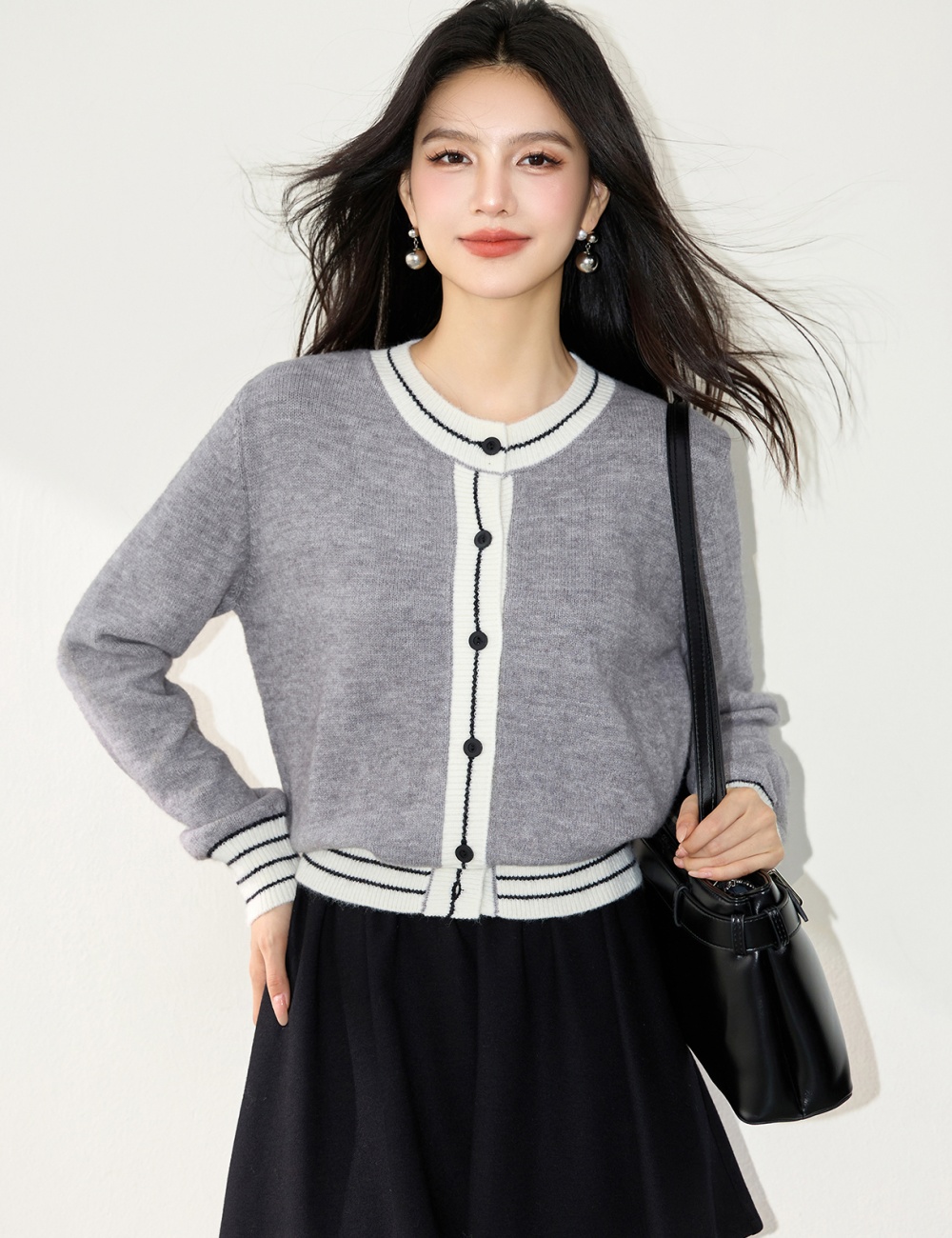 Round neck knitted straight sweater stripe slim lazy coat for women