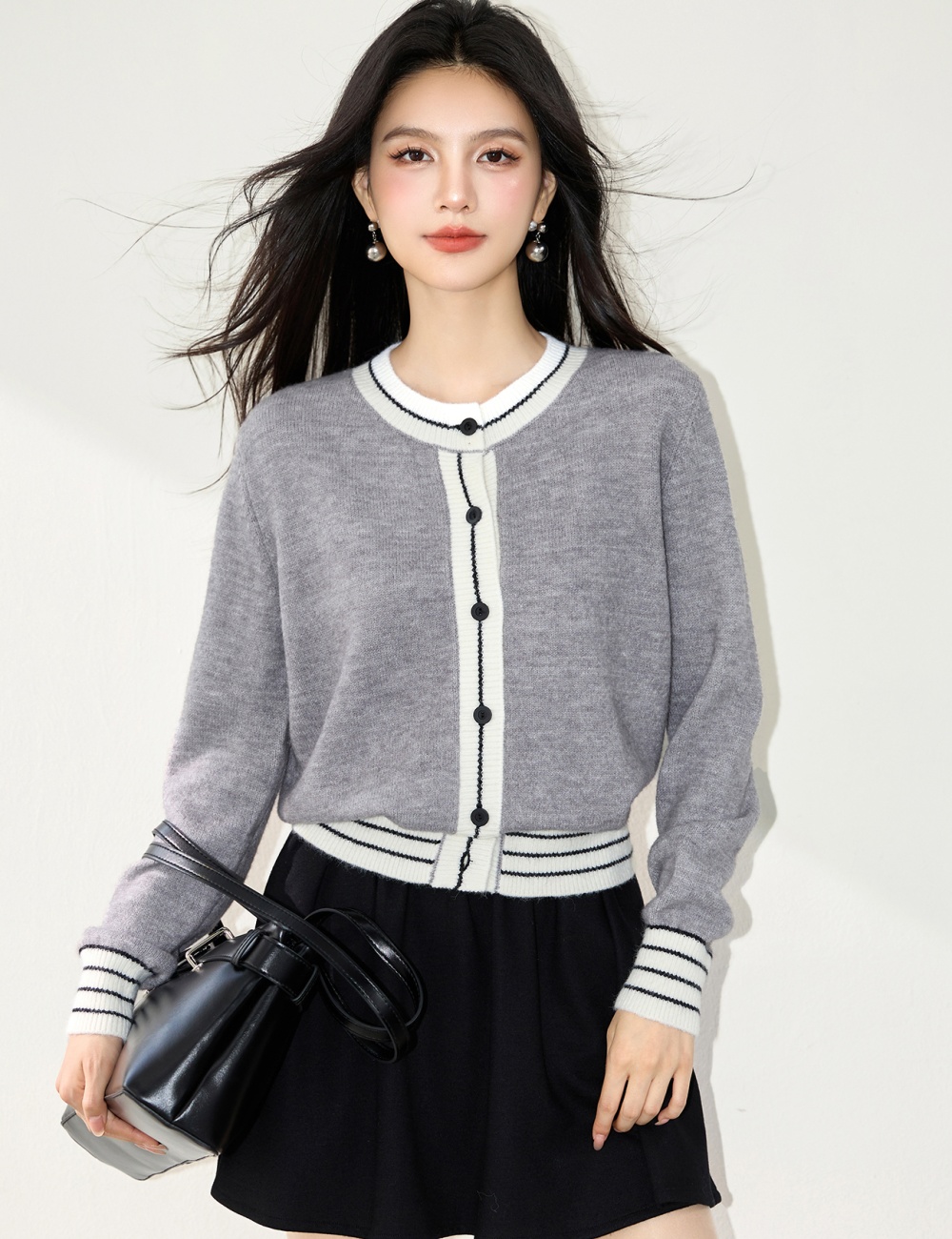 Round neck knitted straight sweater stripe slim lazy coat for women