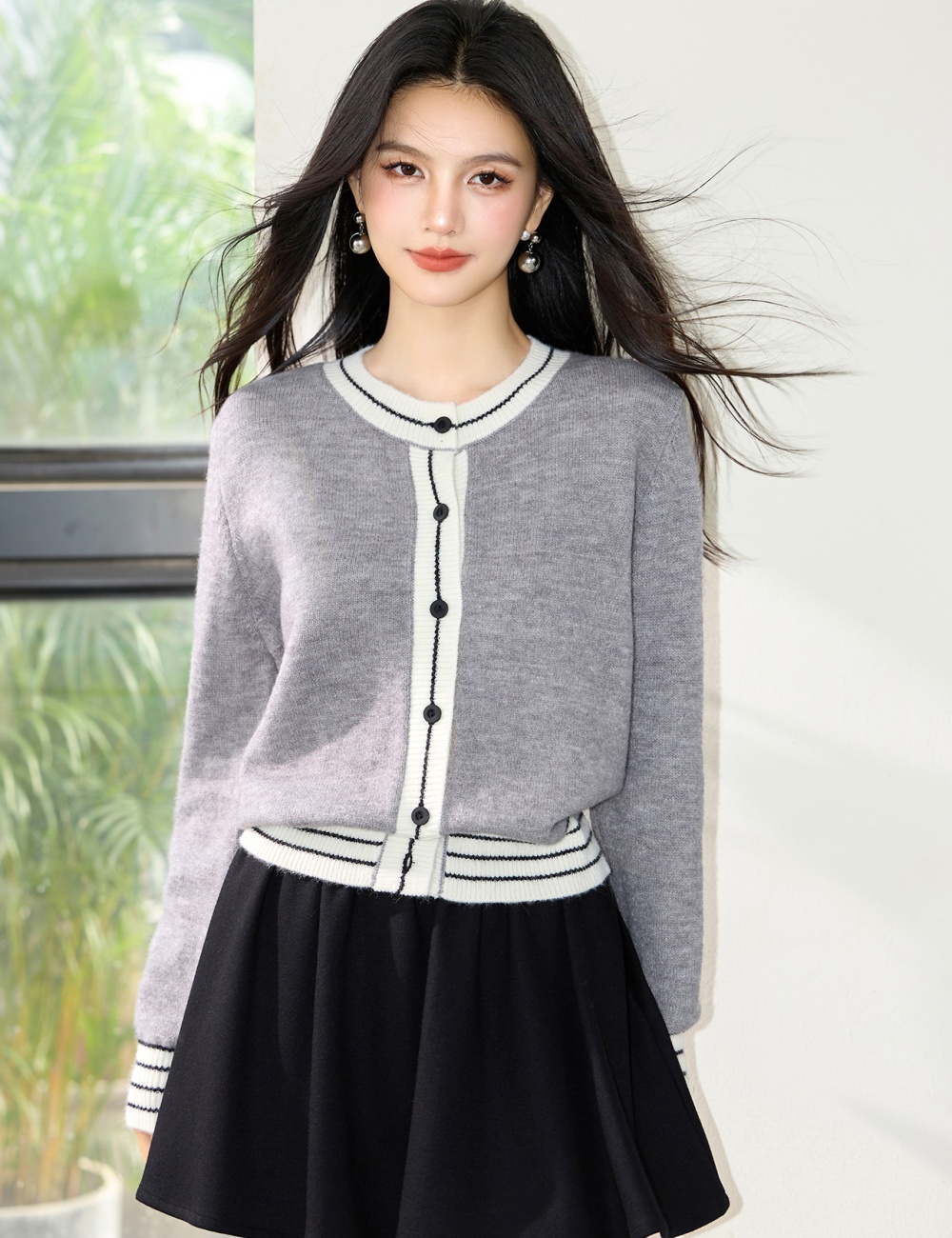Round neck knitted straight sweater stripe slim lazy coat for women