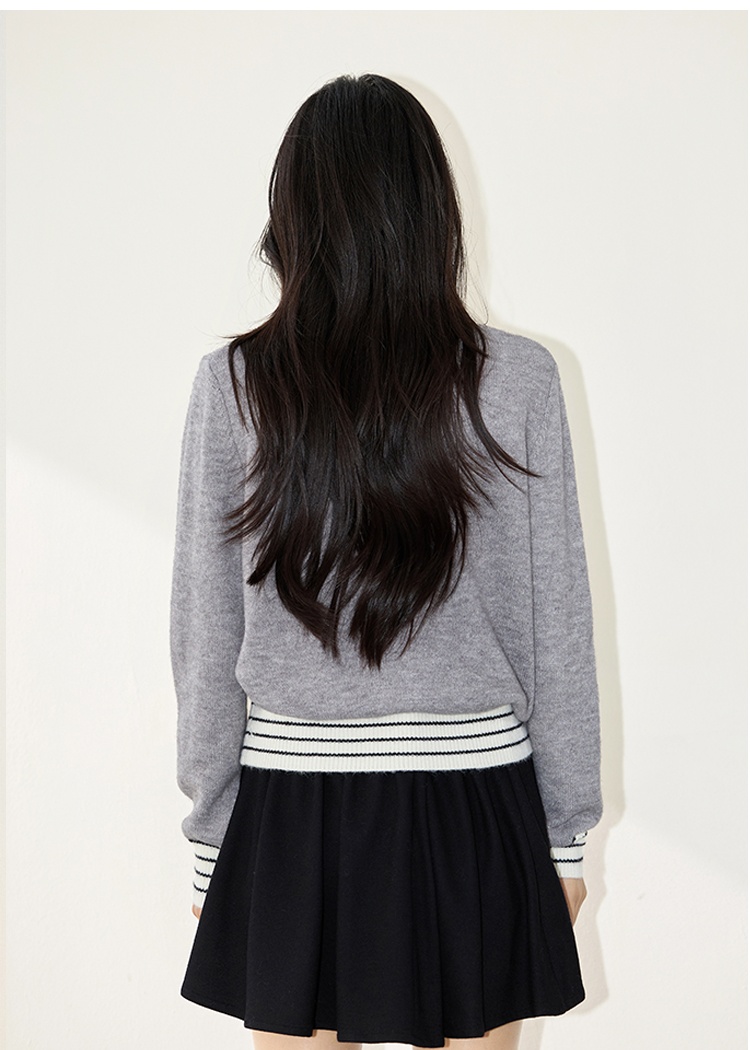 Round neck knitted straight sweater stripe slim lazy coat for women