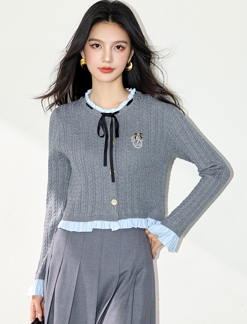 Autumn knitted cardigan gray splice tops for women