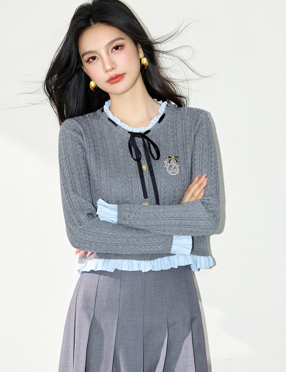 Autumn knitted cardigan gray splice tops for women