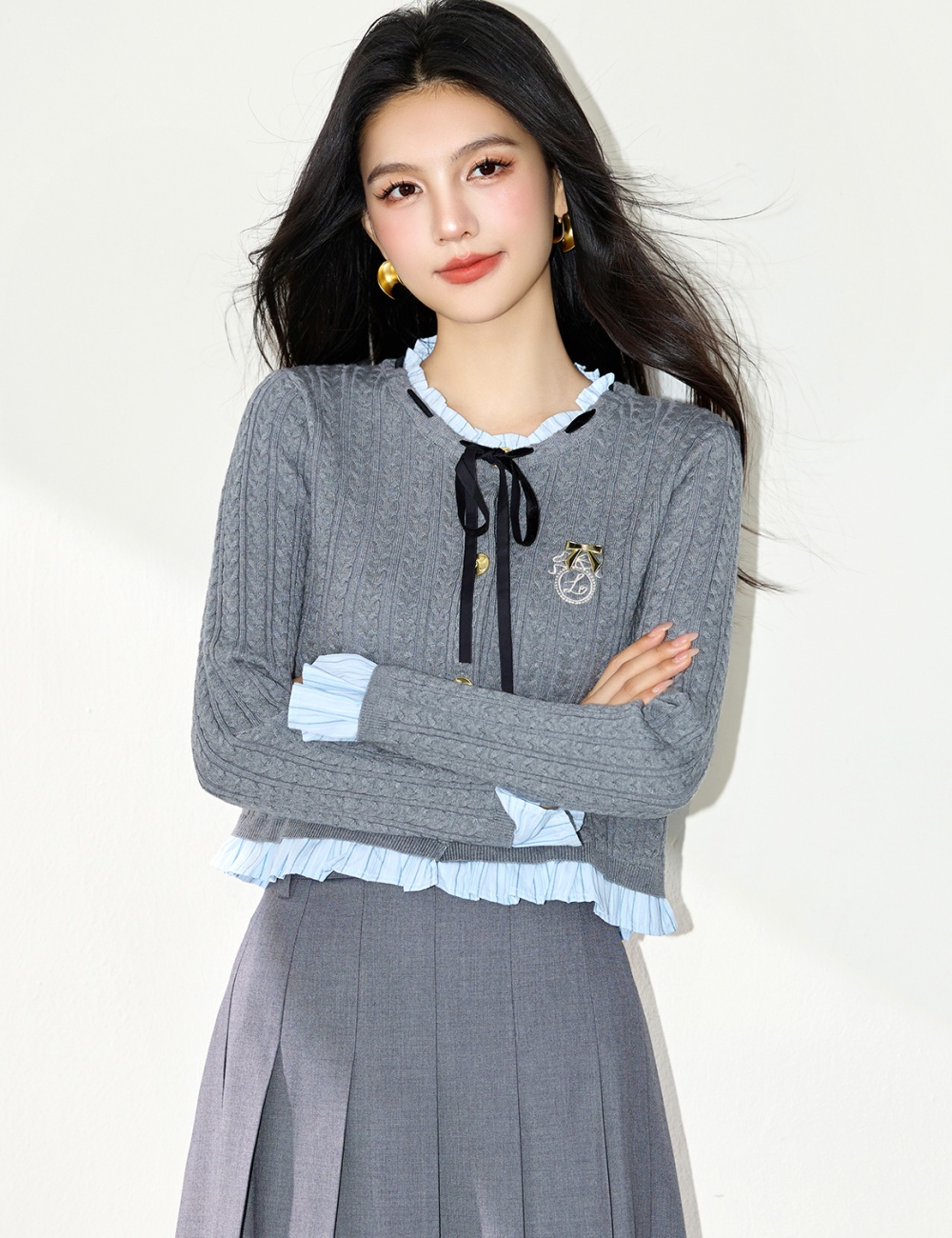 Autumn knitted cardigan gray splice tops for women