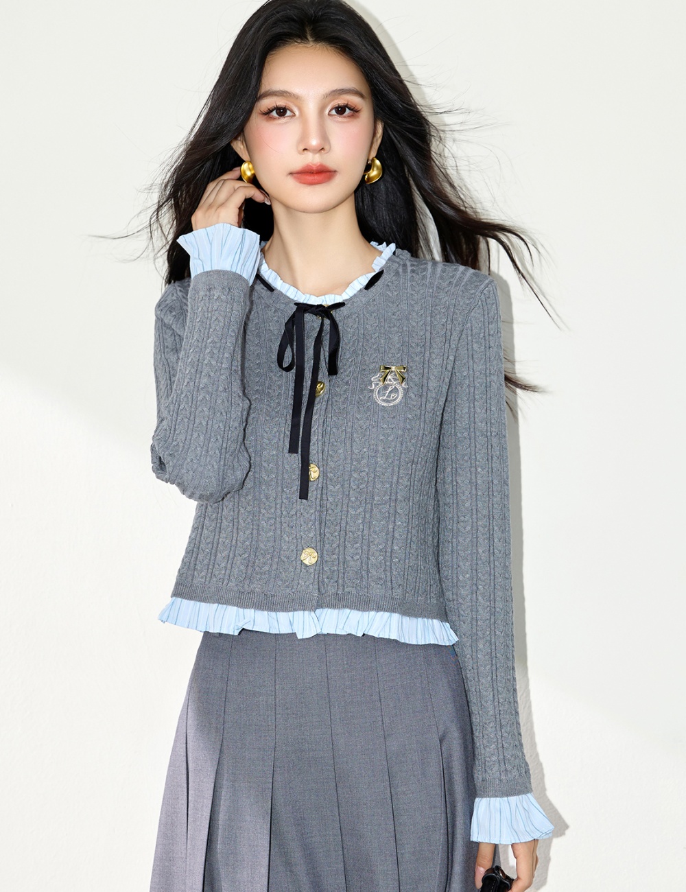 Autumn knitted cardigan gray splice tops for women