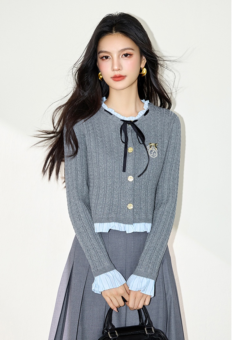 Autumn knitted cardigan gray splice tops for women