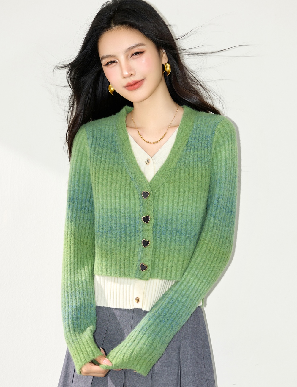 Pseudo-two colors tops temperament lazy sweater for women