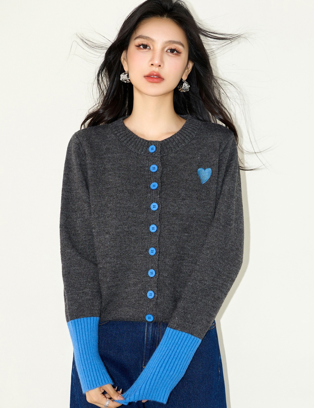 Knitted heart sweater single-breasted coat for women