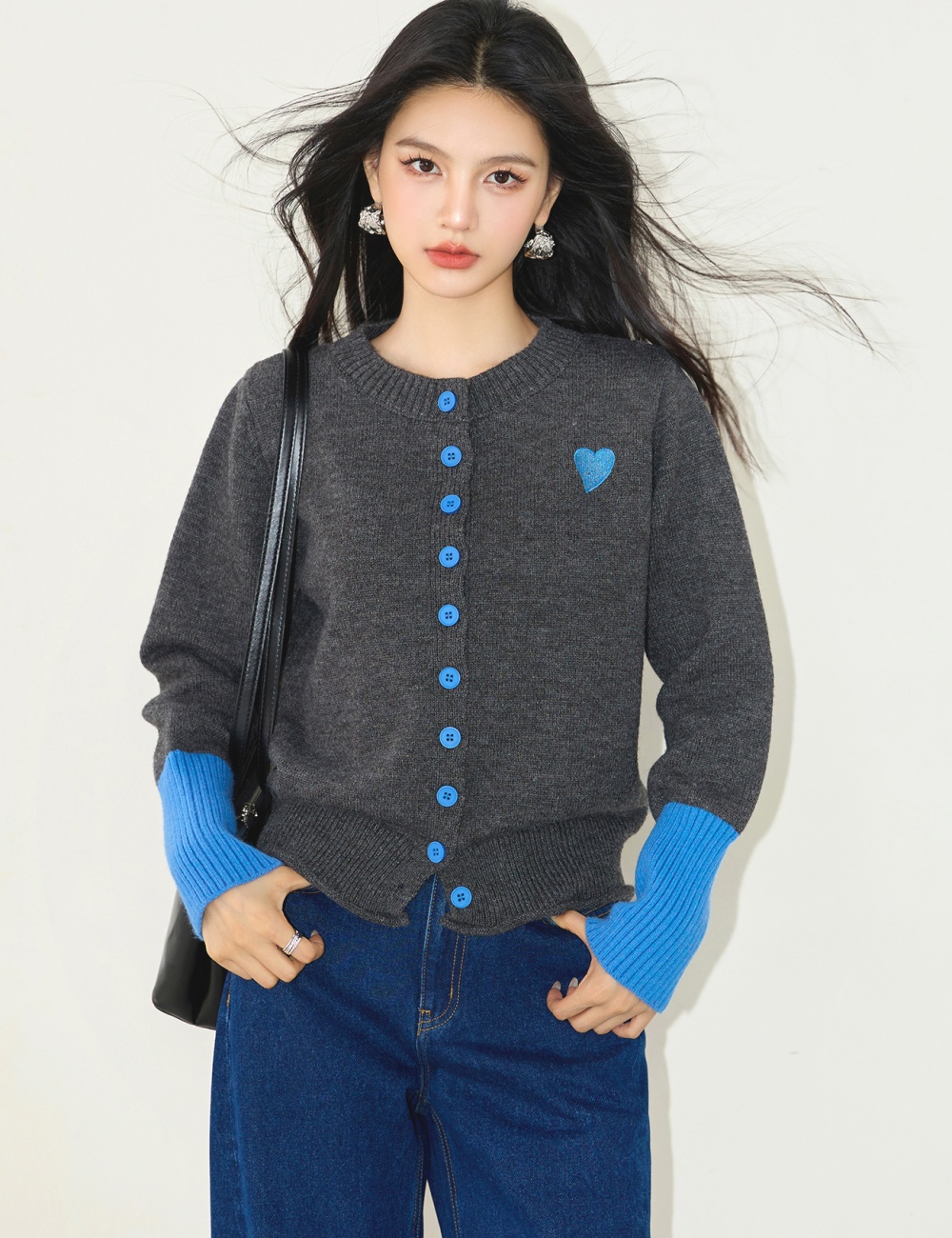 Knitted heart sweater single-breasted coat for women