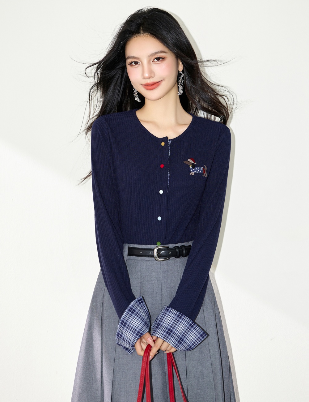 Knitted temperament slim T-shirt splice Korean style cardigan