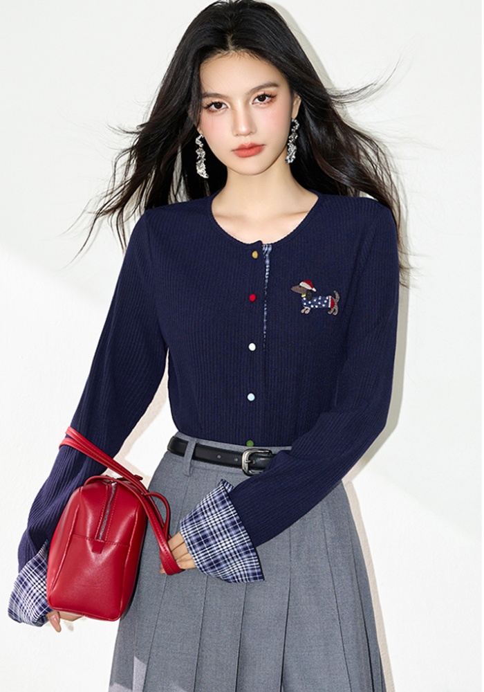 Knitted temperament slim T-shirt splice Korean style cardigan