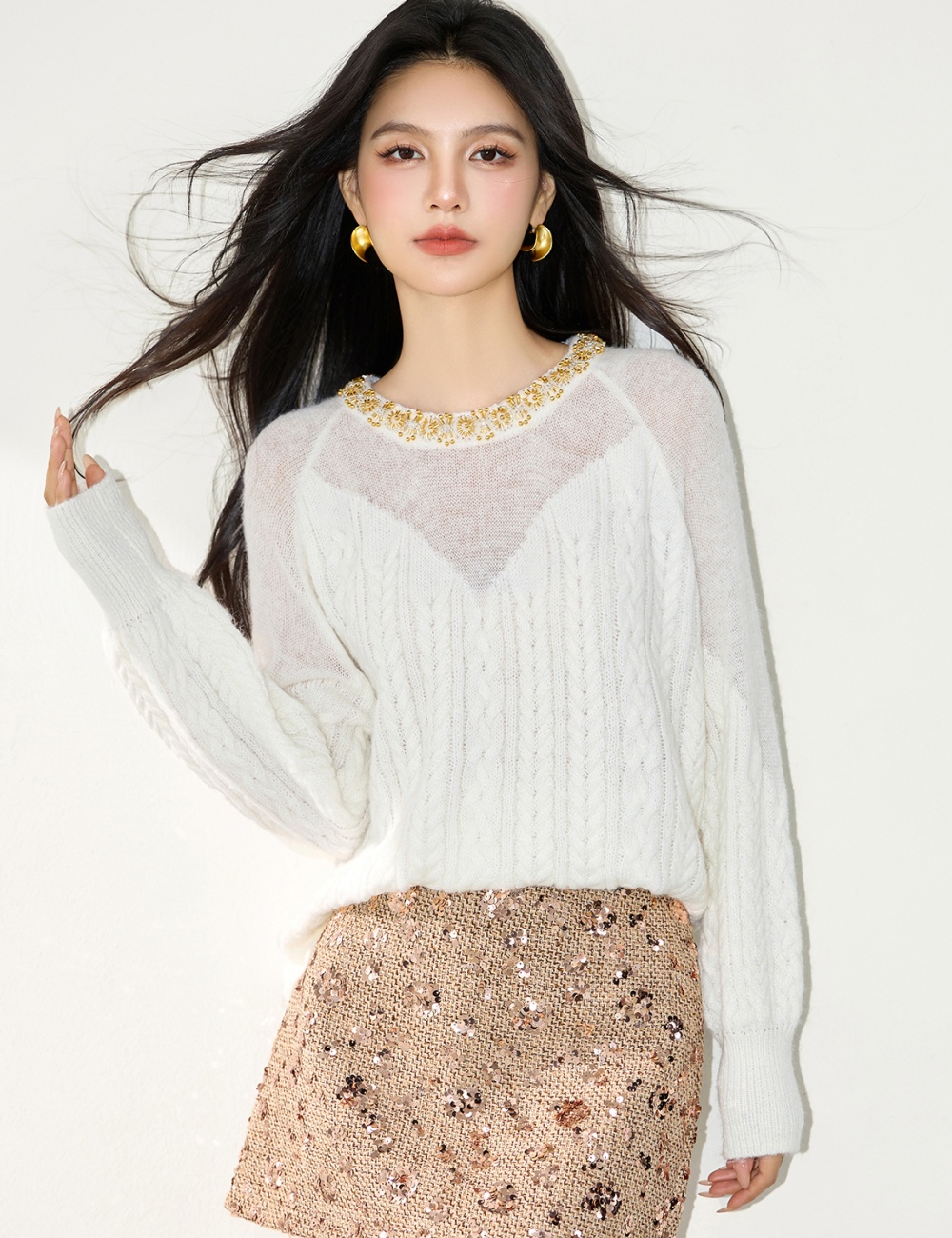 Rhinestone tender loose winter sweater for women