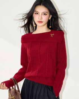 Colors red autumn tops lapel flat shoulder sweater for women