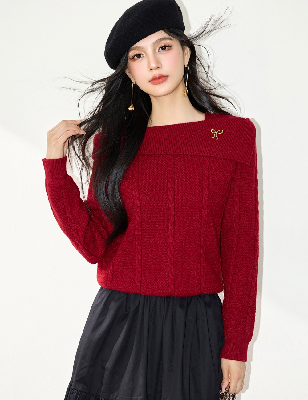 Colors red autumn tops lapel flat shoulder sweater for women