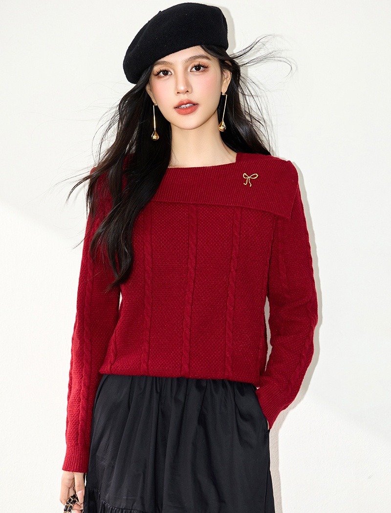 Colors red autumn tops lapel flat shoulder sweater for women