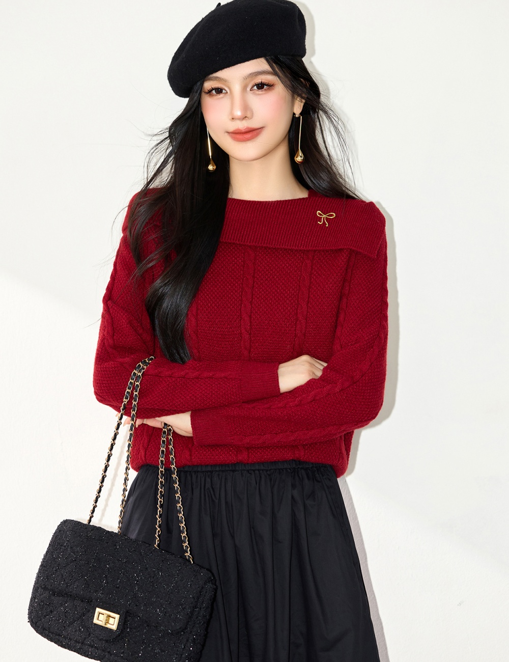 Colors red autumn tops lapel flat shoulder sweater for women