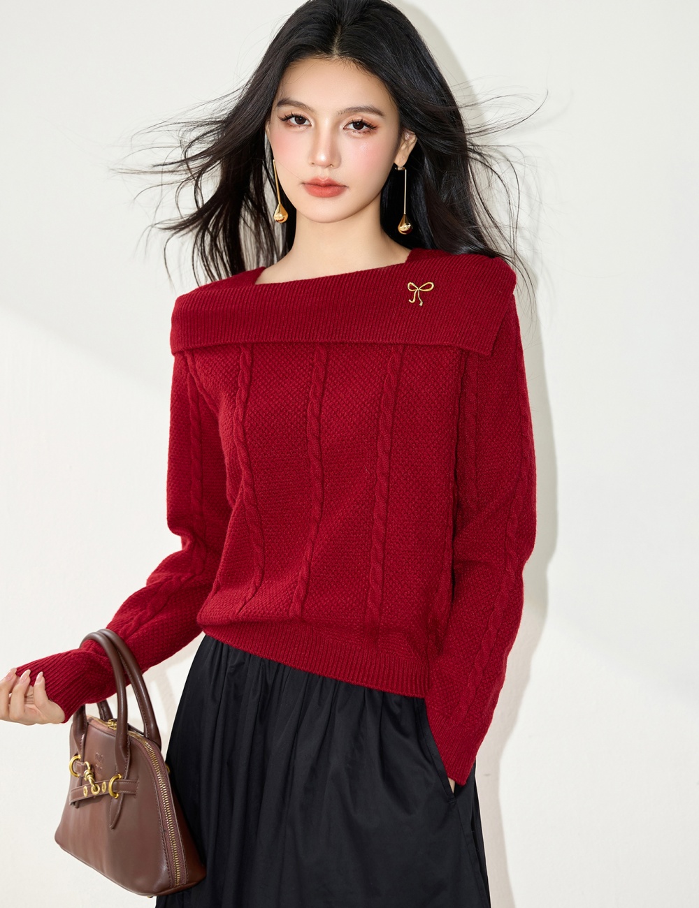 Colors red autumn tops lapel flat shoulder sweater for women