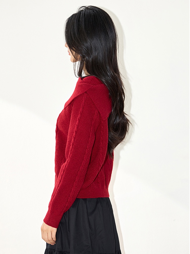 Colors red autumn tops lapel flat shoulder sweater for women