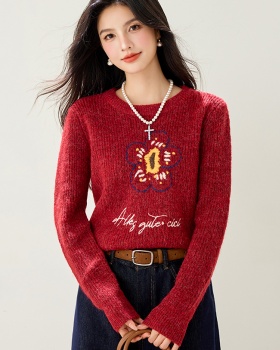 Knitted red christmas Casual lazy embroidery sweater