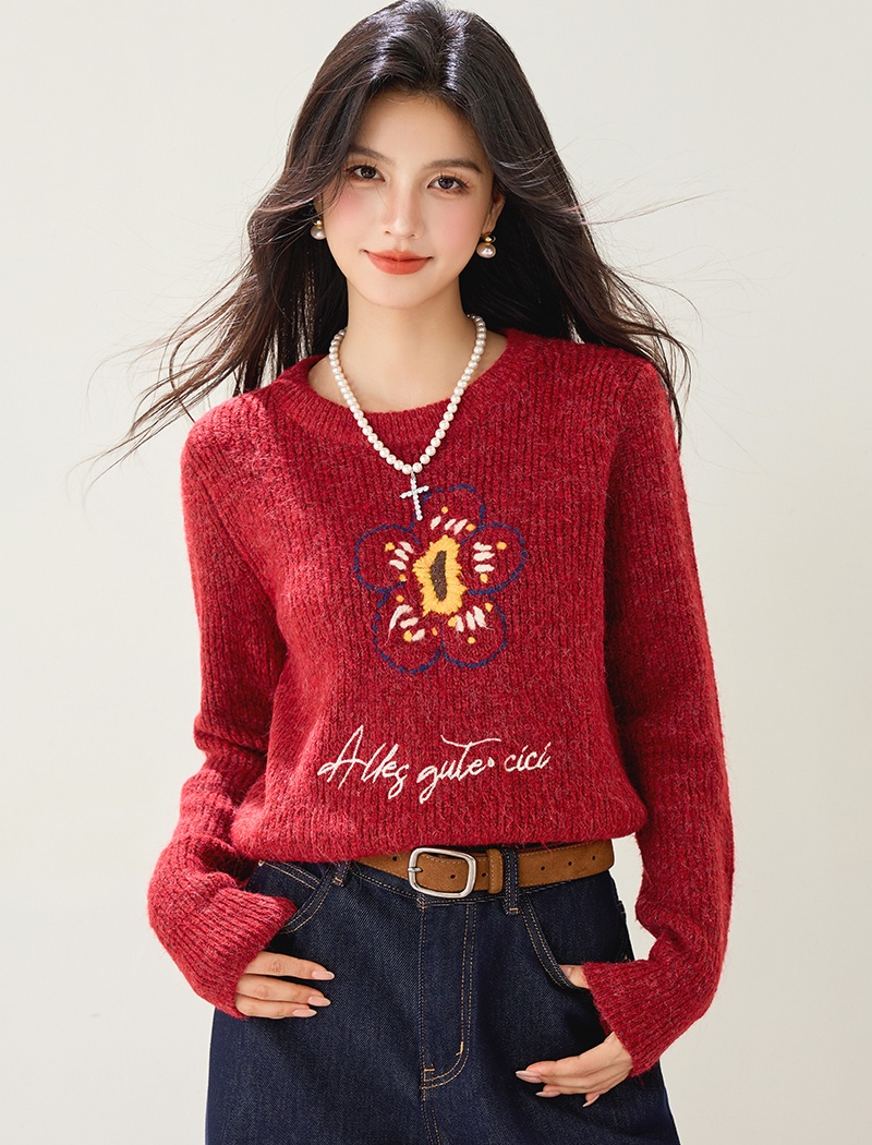 Knitted red christmas Casual lazy embroidery sweater