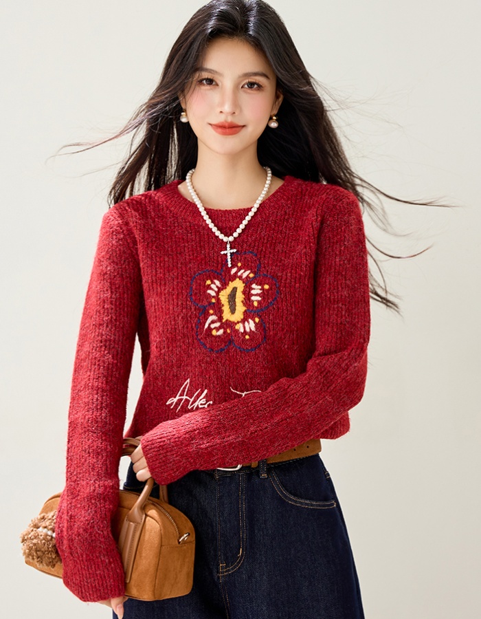 Knitted red christmas Casual lazy embroidery sweater