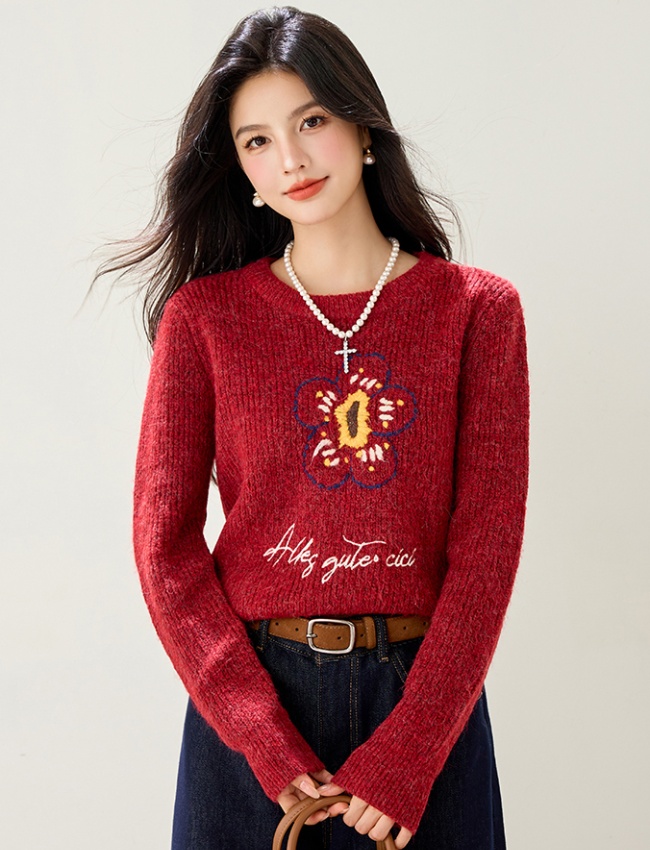 Knitted red christmas Casual lazy embroidery sweater