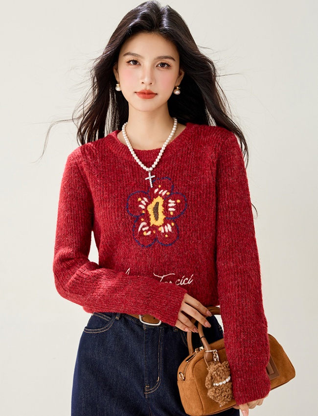 Knitted red christmas Casual lazy embroidery sweater
