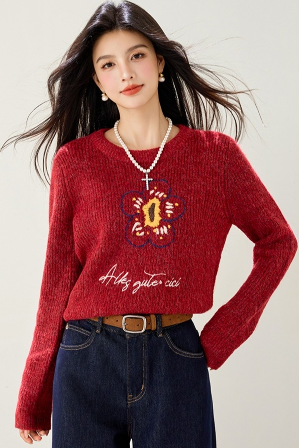 Knitted red christmas Casual lazy embroidery sweater