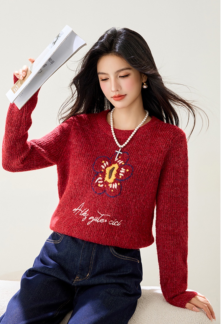 Knitted red christmas Casual lazy embroidery sweater