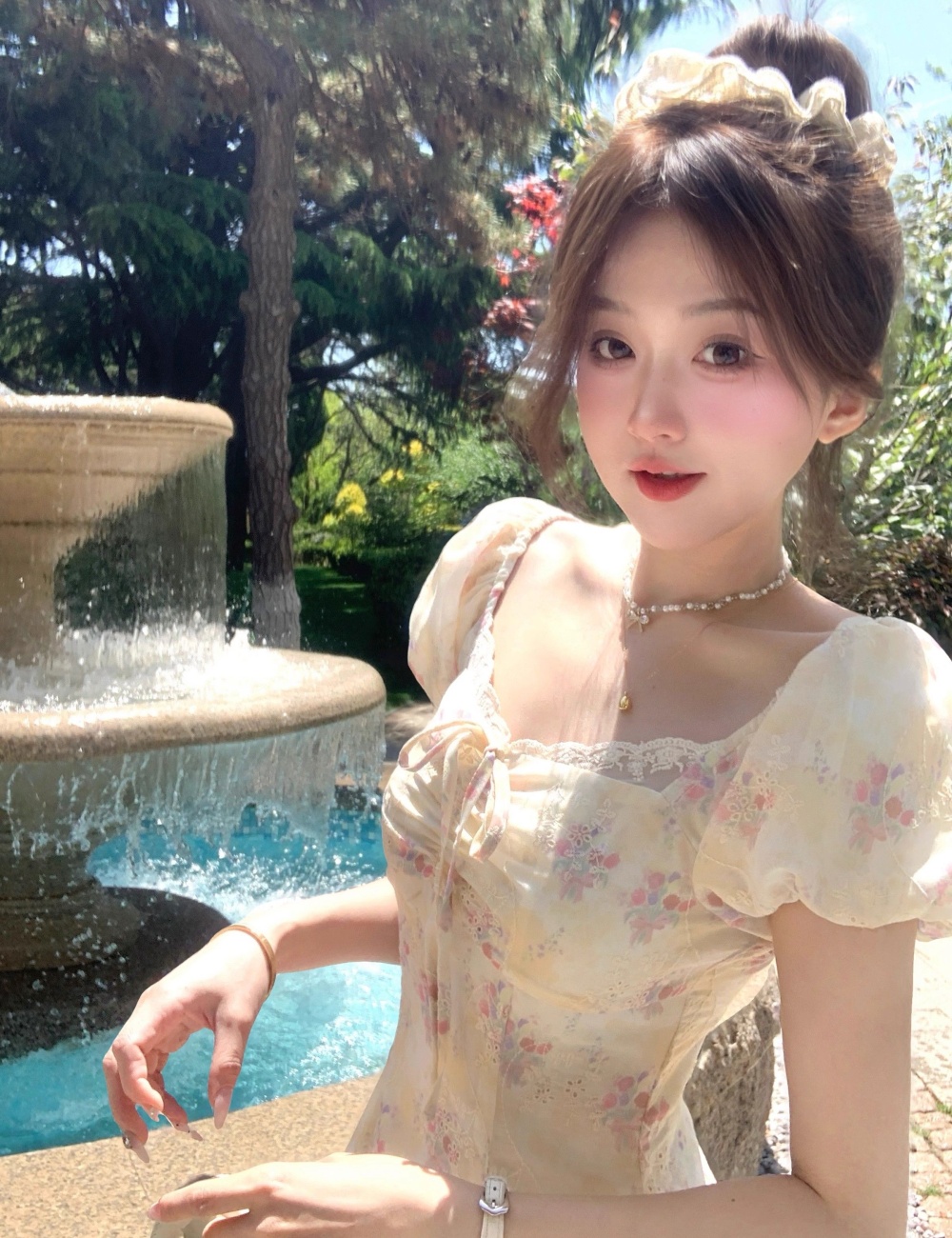 Short sleeve floral puff sleeve yellow France style dress