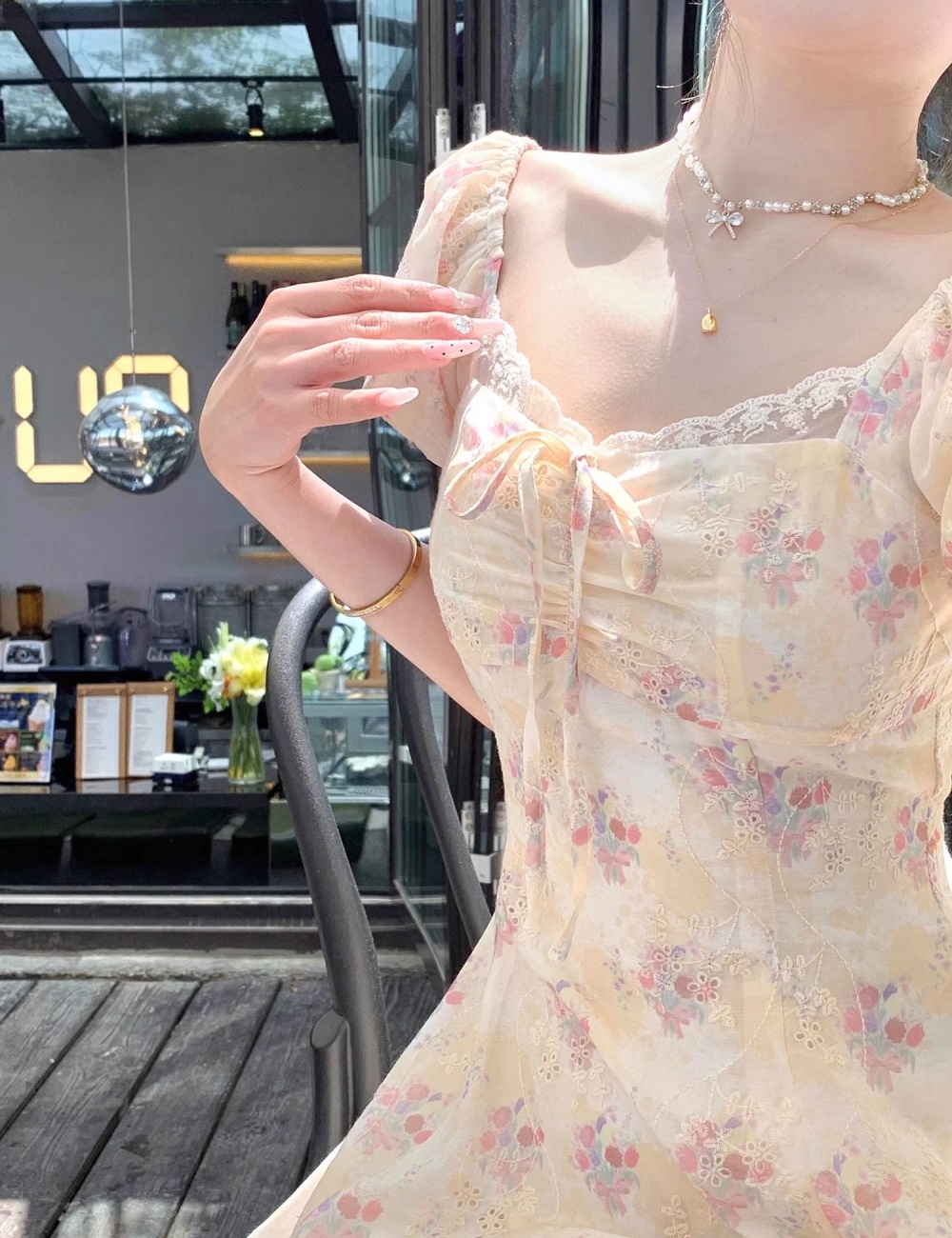 Short sleeve floral puff sleeve yellow France style dress