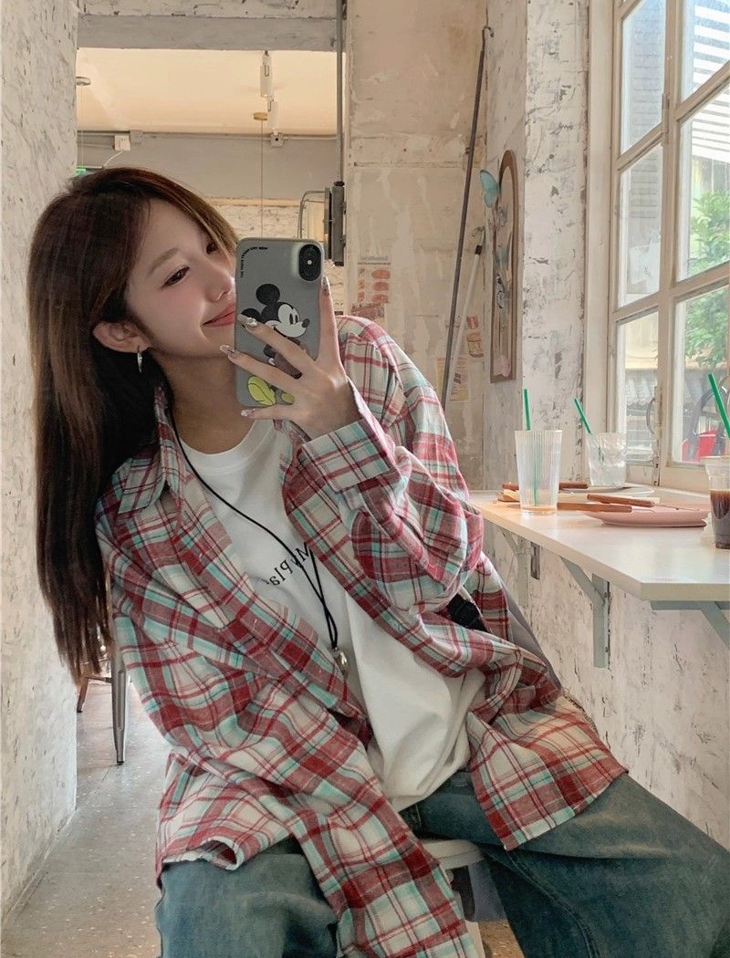 Autumn all-match Casual shirt loose plaid red coat
