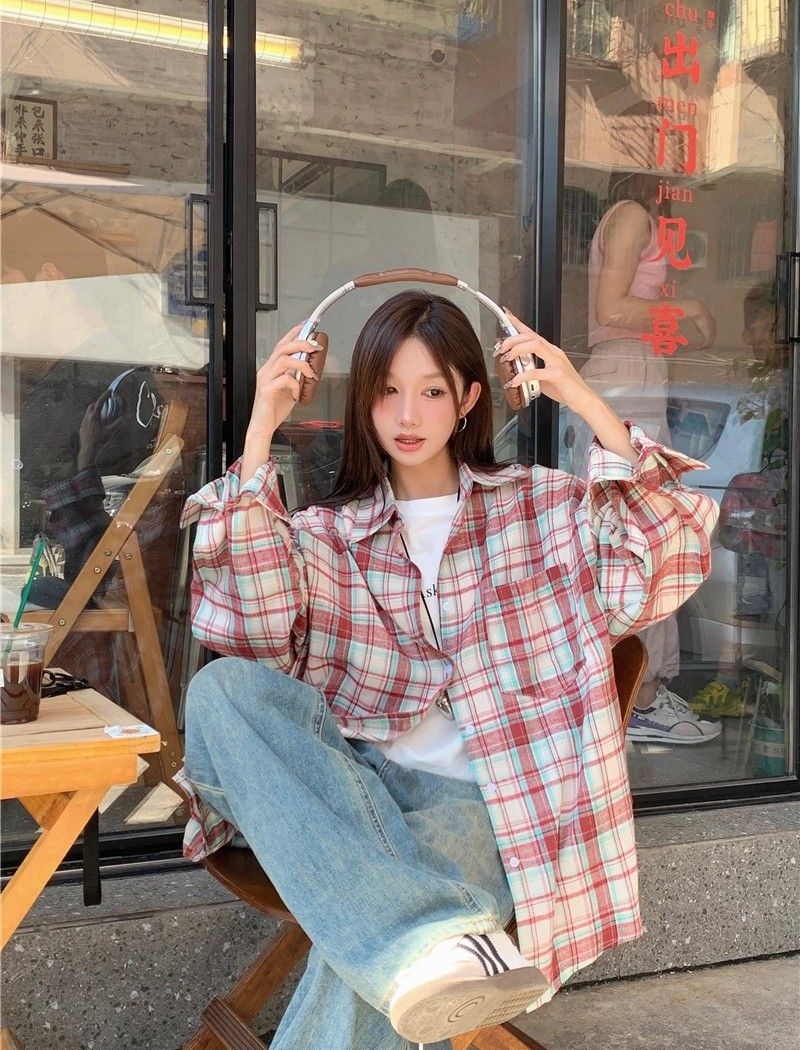 Autumn all-match Casual shirt loose plaid red coat