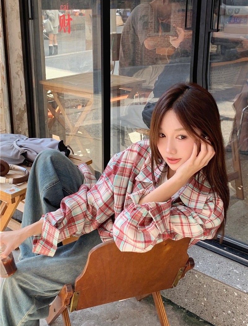 Autumn all-match Casual shirt loose plaid red coat